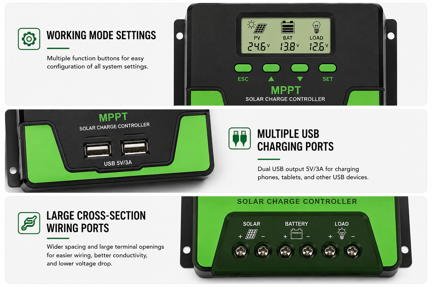 MPPT Solar Charge Controller 12V/24V Auto – 10A to 60A with LCD Display, WiFi Support & Dual USB Output