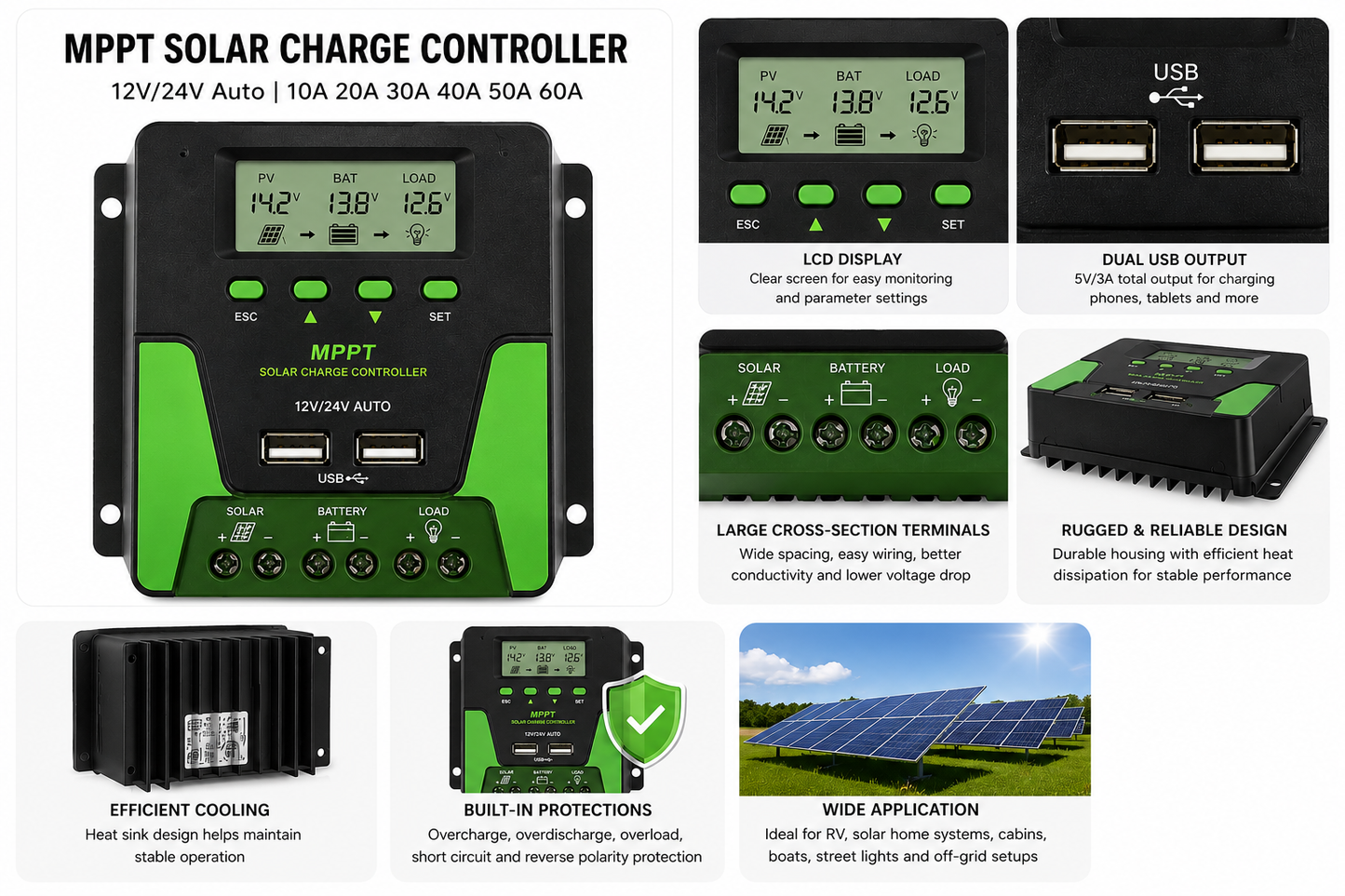 MPPT Solar Charge Controller 12V/24V Auto – 10A to 60A with LCD Display, WiFi Support & Dual USB Output