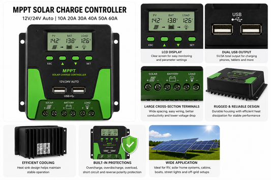 MPPT Solar Charge Controller 12V/24V Auto – 10A to 60A with LCD Display, WiFi Support & Dual USB Output
