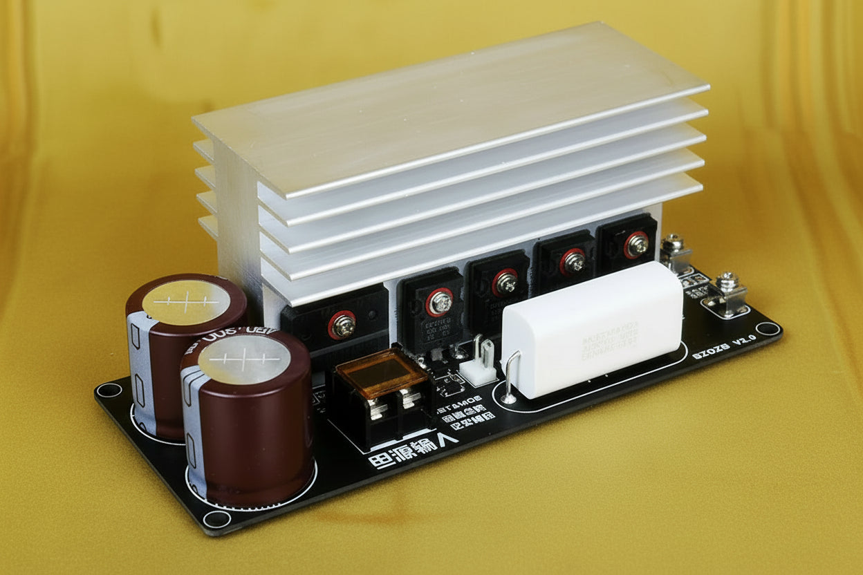 Electronic power supply module with capacitors and connectors on a yellow background