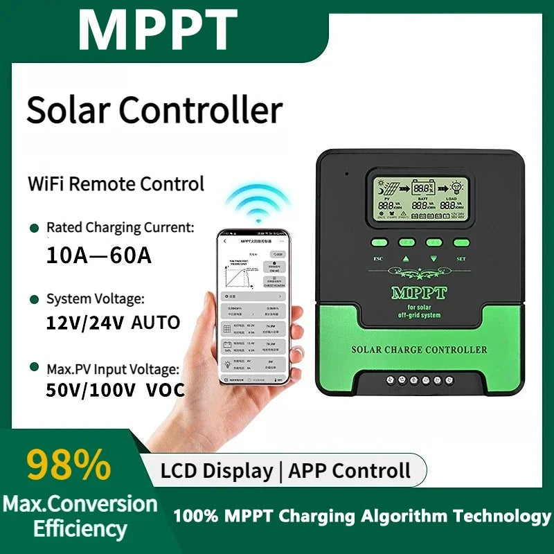 MPPT Solar Charge Controller 12V/24V Auto – 10A to 60A with LCD Display, WiFi Support & Dual USB Output